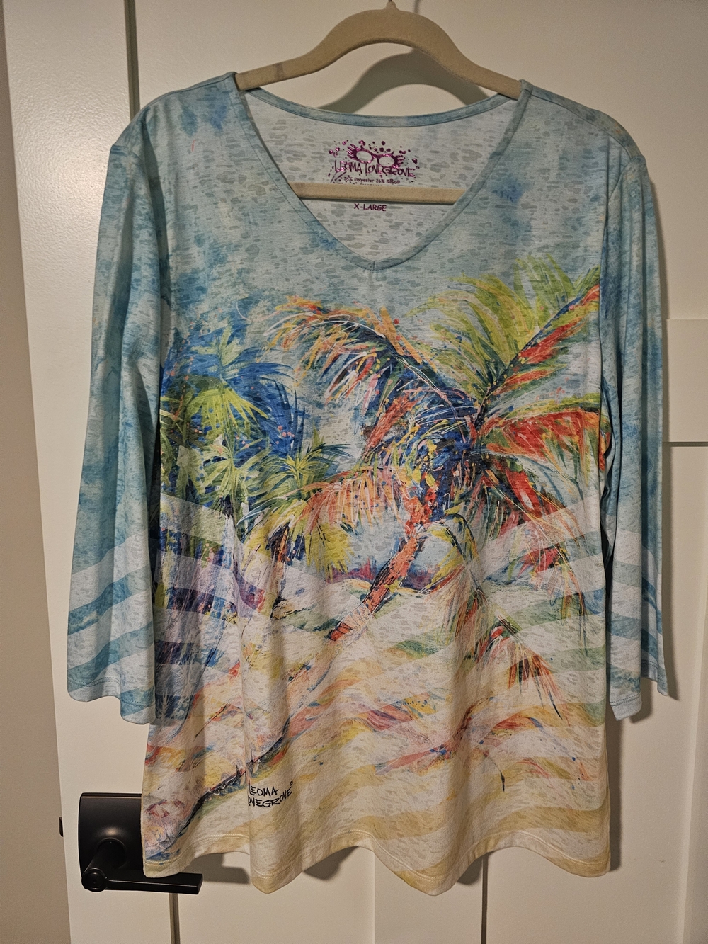 Blue Tropical Palm Print V-Neck Women's Top